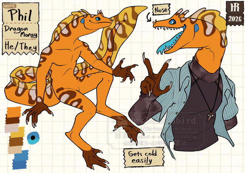 personal art 2026-05-08 Digitally drawn character reference sheet of an anthro dragon moray eel man with an orange, brown and light blue color scheme.