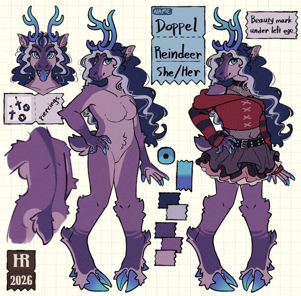 personal art 2026-06-30 Digitally drawn character reference sheet of an anthro reindeer lady with a purple and dark blue color scheme and long curly hair.