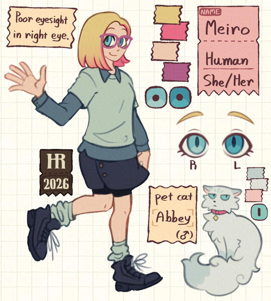personal art 2026-06-24 Digitally drawn character reference sheet of a human lady with a white skin tone, blonde bob cut partially dyed pink, and glasses.
