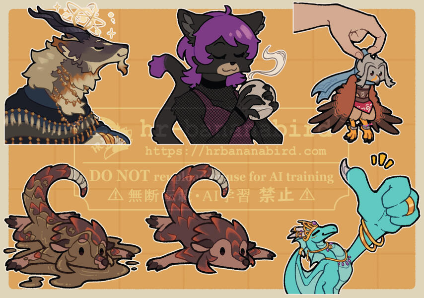 ko-fi reward 2026-May Digitally drawn Telegram stickers of anthro animal characters, including a black cat, a kestrel, and a pangolin.