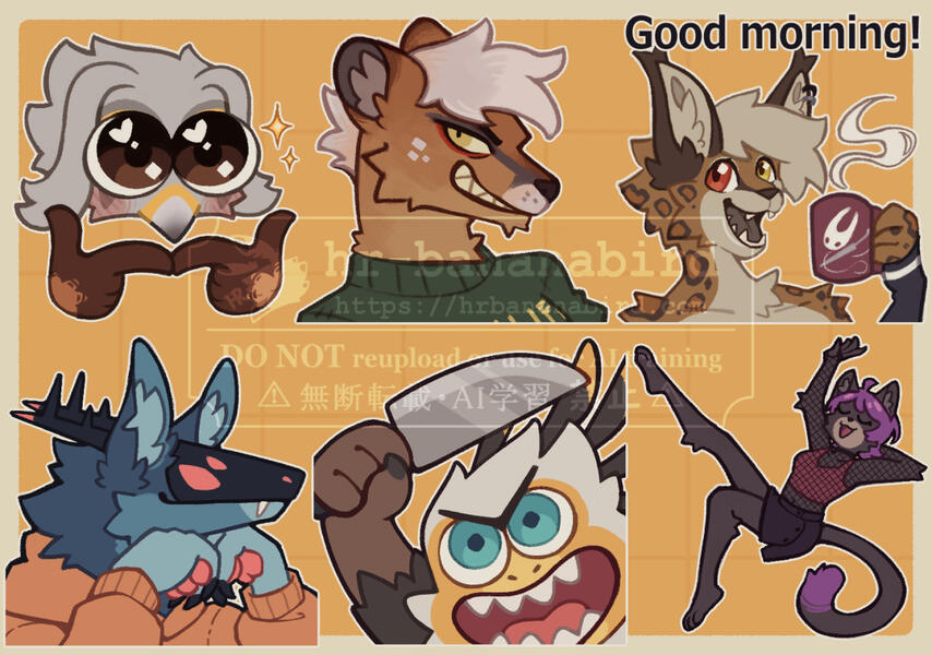ko-fi reward 2026-June Digitally drawn Telegram stickers of anthro animal characters, including a cougar, a secretary bird inspired raptor, and a black cat.