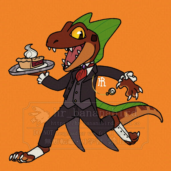 commission 2025-05-20 Digital art of a chibi anthro basilisk/kobold hybrid man with brown scales, yellow eyes and green fins on his head and tail. He is running with a slice of cherry pie placed on a silver platter in his right hand, while wearing a butler outfit.