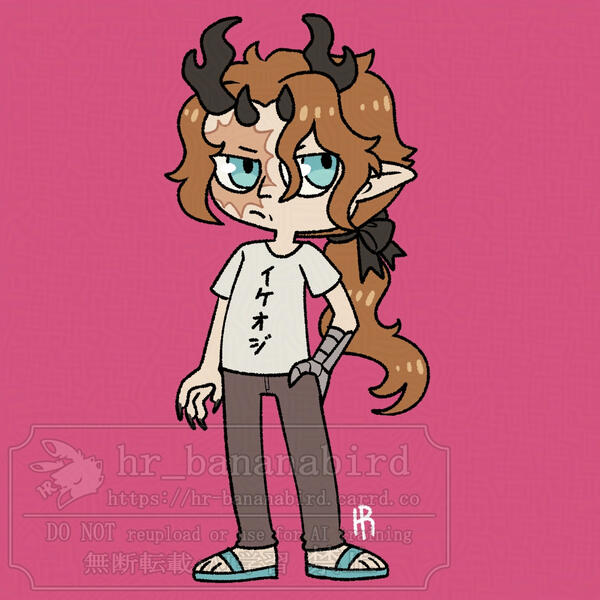 gift art 2025-05-26 Digital art of a chibi humanoid man with two pairs of horns, pointed ears, a burn scar over his right eye and a prosthetic metal left hand. He has his hand on his hip, and is wearing a white T-shirt with Japanese on it.