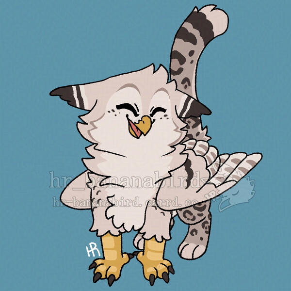 commission 2025-01-10 Digital art of a chibi snowy owl/snow leopard gryphon. They're covered in white and gray feathers/fur and have leopard spots covering their lower body. They're smiling with their eyes closed and have their snow leopard tail held high up in the air.