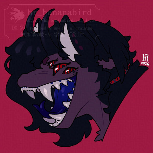 commission 2026-02-25 Digital art of an anthro character with curved horns, wings behind their ears, and three pairs of eyes. They are facing towards the left with a big sly grin, showing off their big fangs and forked tongue.