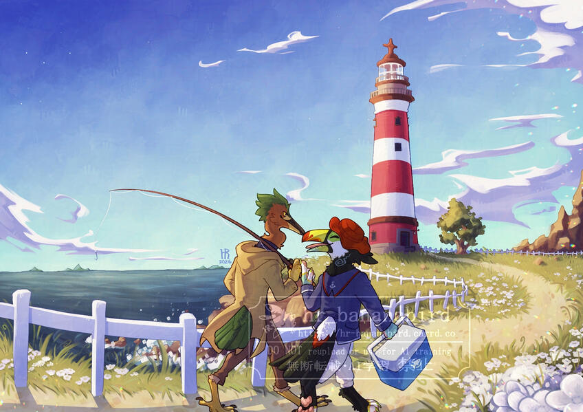 commission 2026-02-13 Digital art of an anthro green heron man and an anthro toucan man out on a fishing trip. They're walking on a cliffside path with white flowers near the ocean, towards a striped red and white lighthouse on a bright and sunny day.