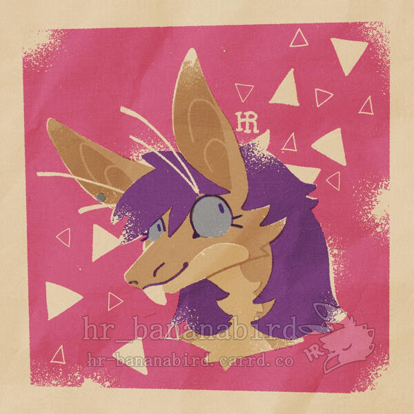 commission 2025-12-31 Digital art in a vintage risograph style of a headshot of a yinglet which are a species similar to a rat and raptor hybrid. She has beige fur, purple hair, and big round blue eyes.